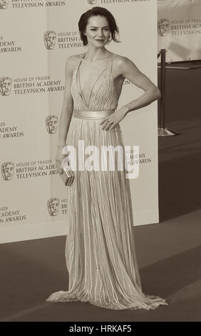 LONDON - MAY 8, 2016: Kara Tointon ( Image digitally altered to sepia effect ) arrives for the British Academy Television Awards at the Royal Festival Hall on May 8, 2016 in London Stock Photo