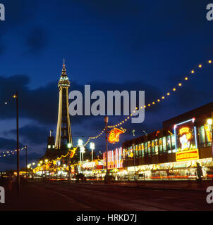 Blackpool Tower and the promenade at night, Lancashire, UK. Stock Photo