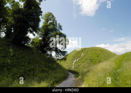 Castle Hill a medieval motte constructed within reinforced iron age ramparts of a hill fort in Thetford, Norfolk, UK. Stock Photo