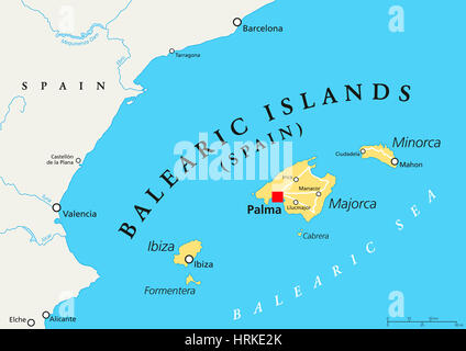 Balearic Islands political map with capital Palma. Archipelago of Spain in Mediterranean Sea near Iberian Peninsula coast. Stock Photo