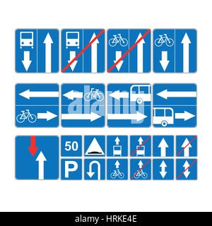 Informational road blue symbols set. Vector illustration isolated on white. Mandatory signs. Ready to use traffic banner. Stock Vector