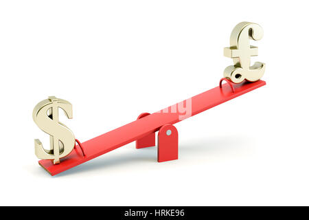 Gold US Dollar symbol and gold British GBP Pound Sterling on a Seesaw isolated on a white background - exchange rate concept Stock Photo