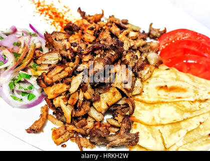 Traditional oriental fast food- Gyros Kebab mit Pita bread, red onions and tzatziki Stock Photo