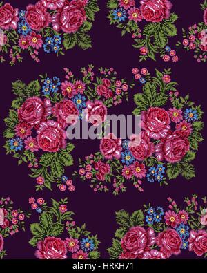 Seamless embroidered pattern. Luxurious pink roses on violet background. Vintage style. Stock Vector