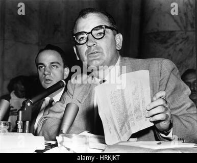 Wisconsin Senator Joseph McCarthy (1908-1957), speaking in front of a ...