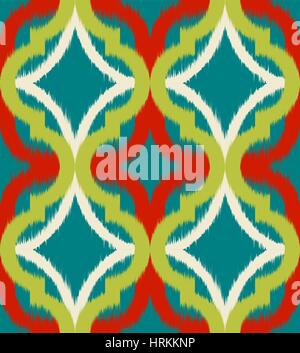 Seamless ogee ikat, vector ethnic background. Traditional eastern pattern in green and red tones. Stock Vector
