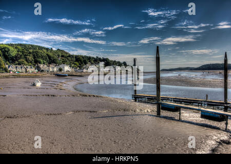 View of Kippford looking down Urr estuary with Jetty in foreground HDR. Stock Photo