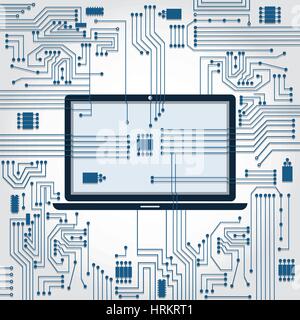 Electronics circuit background connecting to the laptop screen. Stock Vector