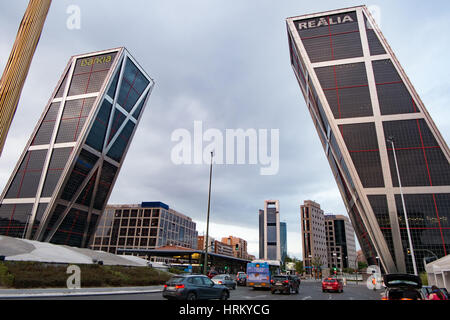 La Puerta de Europa known as Torres KIO at Paseo de la Castellana. The leaning towers owned by Bankia and Realia are designed by Philip Johnson, John  Stock Photo