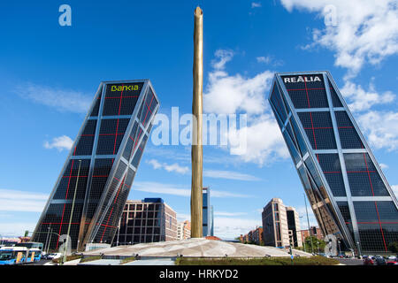 La Puerta de Europa known as Torres KIO at Paseo de la Castellana. The leaning towers owned by Bankia and Realia are designed by Philip Johnson, John  Stock Photo