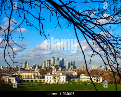 View of the National Marittime Museum gardens and Canary Wharf from the Greenwich Observatory hill - Greenwich, London - England Stock Photo