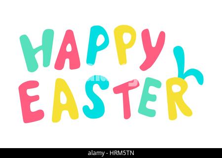 Happy easter card with rabbit ears. Typographical Background With funny signs. Hand drawn colored lettering For greeting cards, template, poster, bann Stock Vector