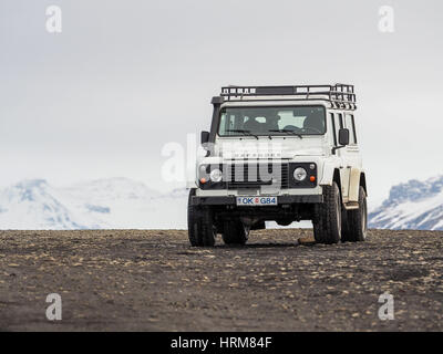ICELAND - Mar 2016: Land Rover Defender on MAR 05, 2016 in Reykjavik, Iceland. The iconic and legendary Land Rover Defender was issued in 1983. It goe