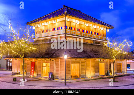 YAMASHIRO ONSEN, JAPAN - JANUARY 9, 2017: The Ko-Soyu bath house at twilight. The bath house was spectacularly rebuilt in the style of its Meiji Perio Stock Photo