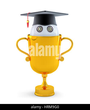 Robot with gold trophy. Isolated on white background Stock Photo