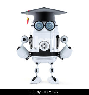 Robot student with mortarboard. Isolated on white background Stock Photo