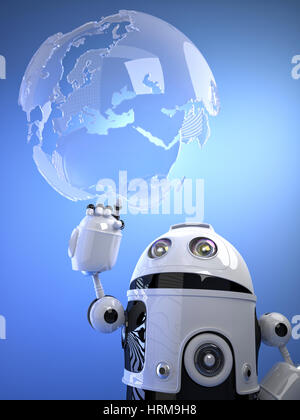 Robot touching a digital virtual globe. Technology concept Stock Photo