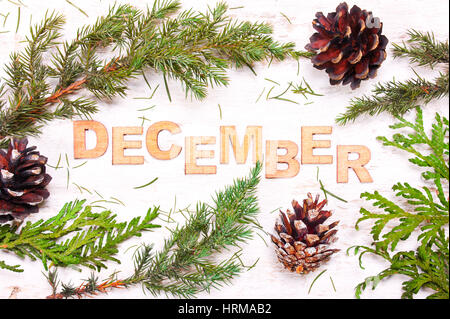 Word  December against the background of tree branches, cones on a white background wooden Stock Photo