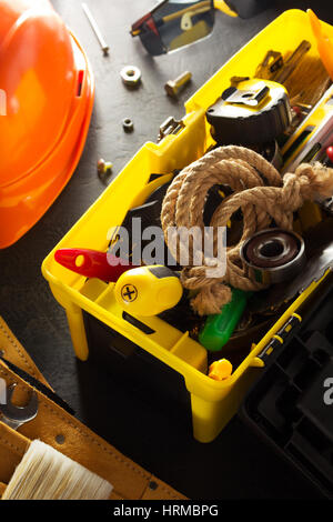 tools and instruments with toolbox  on black background Stock Photo