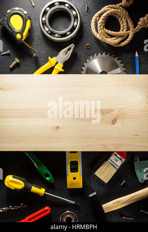 set of tools and instruments on black background Stock Photo