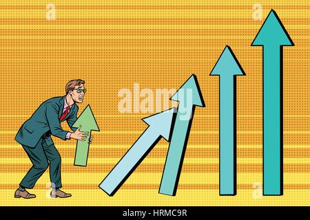 Businessman destroys growth charts sales. Pop art retro vector illustration. A bad worker Stock Vector