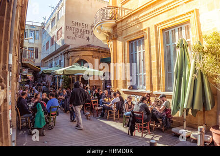 NICOSIA - APRIL 13, 2015: Street cafe in Phaneromeni Square, old quarter of Nicosia Stock Photo