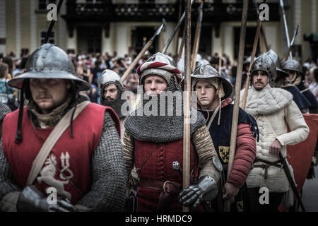 PRAGUE, CZECH REPUBLIC - SEPTEMBER 04, 2016: Armored knights lead the march at Celebration of the 700th anniversary of King Charles IV's coronation. Stock Photo