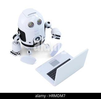 Robot sit with laptop. Isolated on white background Stock Photo