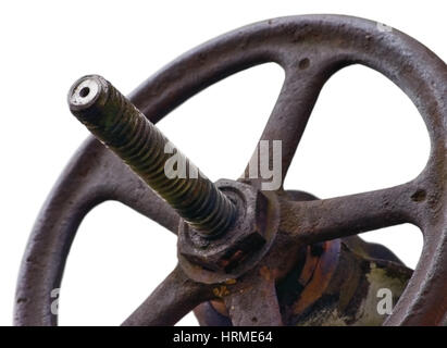 Industrial Valve Wheel And Stem, Weathered Old Aged Rusty Grunge Latch Closeup Isolated Horizontal Macro Stock Photo