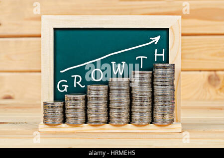 Money graph with Growth on chalkboard in wooden room. Business growth concept. Stock Photo