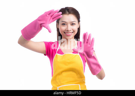 Asian woman wearing cleaner apron and gloves with hands raised. Stock Photo