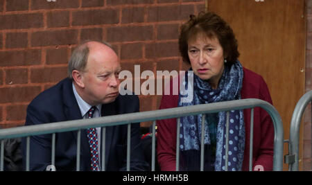 Traditional Unionist Voice (TUV) leader Jim Allister with his wife Ruth during the counting of ballot papers at the Seven Towers Leisure Centre, Ballymena, in Northern Ireland's Assembly election. Stock Photo