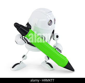 Robot writing with red pen. Isolated. Contains clipping path Stock Photo