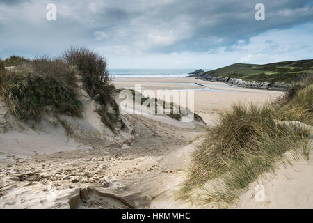 Sand dunes Marram Grass Crantock Beach Gannel Estuary Newquay Cornwall England UK Stock Photo