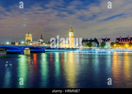 View of Big Ben and River Thames at night time Stock Photo