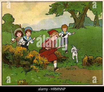 Antique c1890 English children's book illustration, On the Warpath. Stock Photo