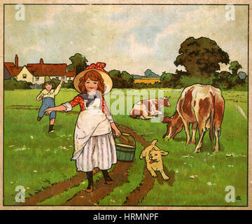 Antique c1890 English children's book illustration, Molly the Milkmaid. Stock Photo
