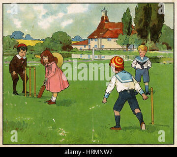 Antique c1890 English children's book illustration, Our Cricket Team. Stock Photo