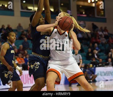 CONWAY, SC - MARCH 02: Miami (FL) Hurricanes forward Emese Hof (21) looks for a shot over Georgia Tech Yellow Jackets forward Zaire O'Neil (21) during the game between the Georgia Tech Yellow Jackets and the Miami Hurricanes in the ACC Women's Tournament on March 2, 2017 at HTC Center in Conway, SC. Miami defeated Georgia Tech 87-71. William Howard/CSM Stock Photo