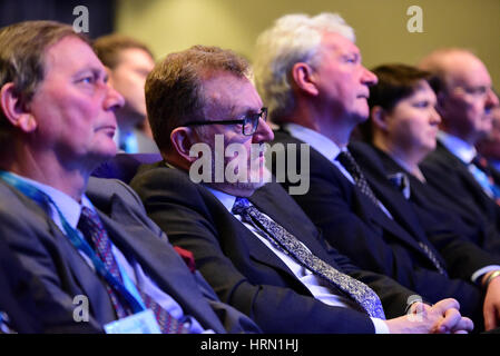 Glasgow, Scotland, UK. 3rd March 2017. David Mundell (2nd L), Secretary of State for Scotland in the UK Government, listens to Theresa May's speech at the Scottish COnservative Party spring conference, Credit: Ken Jack/Alamy Live News Stock Photo