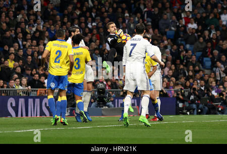 Las Palmas goalkeeper Javi Varas. La Liga Santander matchday 25 game between Real Madrid and Las Palmas ended with a 3-3 score. Santiago Bernabeu Stadium, Madrid, Spain. March 01, 2017. Stock Photo