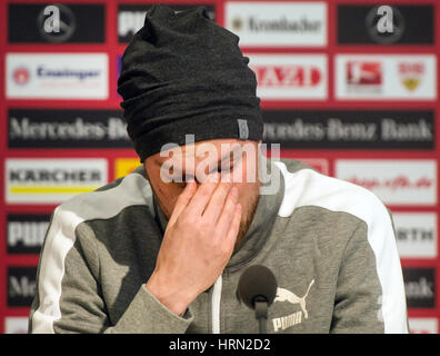 Stuttgart, Germany. 03rd Mar, 2017. A teary Kevin Grosskreutz offers his family and fans an apology for his indiscretions at a press conference in Stuttgart, Germany, 03 March 2017. The soccer player's time at VfB Stuttgart has come to an end and his contract has been cancelled. Photo: Lino Mirgeler/dpa/Alamy Live News Stock Photo