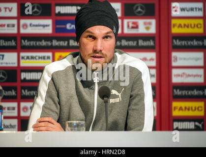 Stuttgart, Germany. 03rd Mar, 2017. A teary Kevin Grosskreutz offers his family and fans an apology for his indiscretions at a press conference in Stuttgart, Germany, 03 March 2017. The soccer player's time at VfB Stuttgart has come to an end and his contract has been cancelled. Photo: Soeren Stache/dpa/Alamy Live News Stock Photo