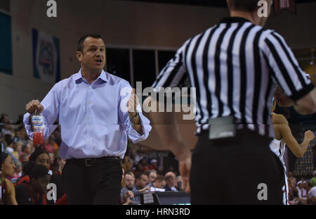 Conway, South Carolina, USA. 3rd Mar, 2017. Louisville Cardinals head coach Jeff Walz argues a call during the game between the Louisville Cardinals and the North Carolina State Wolfpack in the ACC Women's Tournament on March 3, 2017 at HTC Center in Conway, SC. William Howard/CSM Credit: Cal Sport Media/Alamy Live News Stock Photo