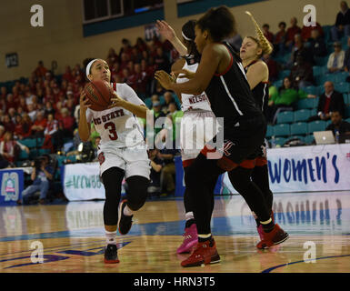 Conway, South Carolina, USA. 3rd Mar, 2017. North Carolina State Wolfpack guard Miah Spencer (3) drives for a shot during the game between the Louisville Cardinals and the North Carolina State Wolfpack in the ACC Women's Tournament on March 3, 2017 at HTC Center in Conway, SC. William Howard/CSM Credit: Cal Sport Media/Alamy Live News Stock Photo