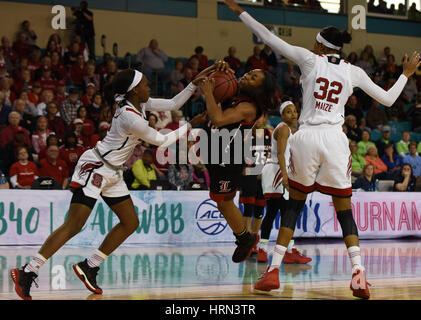 Conway, South Carolina, USA. 3rd Mar, 2017. Louisville Cardinals guard Sydney Zambrotta (10) loses control on a drive during the game between the Louisville Cardinals and the North Carolina State Wolfpack in the ACC Women's Tournament on March 3, 2017 at HTC Center in Conway, SC. William Howard/CSM Credit: Cal Sport Media/Alamy Live News Stock Photo