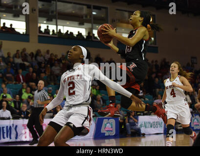 Conway, South Carolina, USA. 3rd Mar, 2017. Louisville Cardinals guard Taylor Johnson (15) shoots a fast break layup during the game between the Louisville Cardinals and the North Carolina State Wolfpack in the ACC Women's Tournament on March 3, 2017 at HTC Center in Conway, SC. William Howard/CSM Credit: Cal Sport Media/Alamy Live News Stock Photo