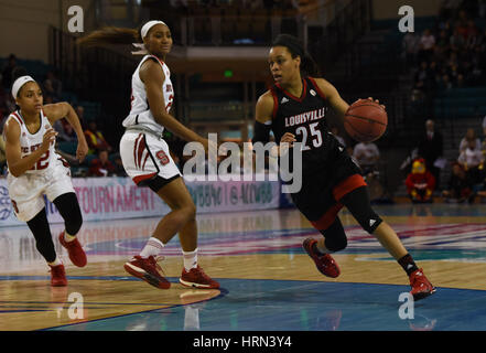 Conway, South Carolina, USA. 3rd Mar, 2017. Louisville Cardinals guard Asia Durr (25) drives during the game between the Louisville Cardinals and the North Carolina State Wolfpack in the ACC Women's Tournament on March 3, 2017 at HTC Center in Conway, SC. William Howard/CSM Credit: Cal Sport Media/Alamy Live News Stock Photo