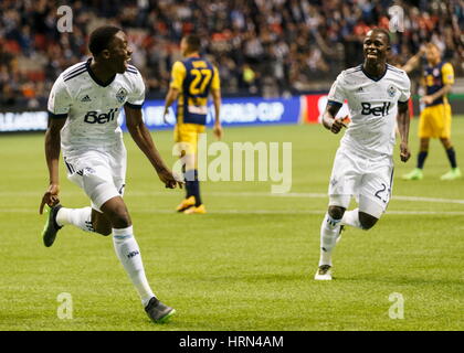 Vancouver, Vancouver. 5th Mar, 2017. Alphonso Davies (R) of Vancouver  Whitecaps vies with Keegan Rosenberry of Philadelphia Union during their  Major League Soccer (MLS) match at BC Place, Vancouver, Canada on March