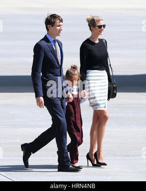 Orlando, USA. 03rd Mar, 2017. Ivanka Trump, her husband, Special Advisor to the President, Jared Kushner, and their daughter Arabella walk on the tarmac after arriving on Air Force One at Orlando International Airport in Orlando, Florida on March 3, 2017. The first family are accompanying U.S. President Donald Trump to a listening session at an Orlando Catholic school. Credit: Paul Hennessy/Alamy Live News Stock Photo